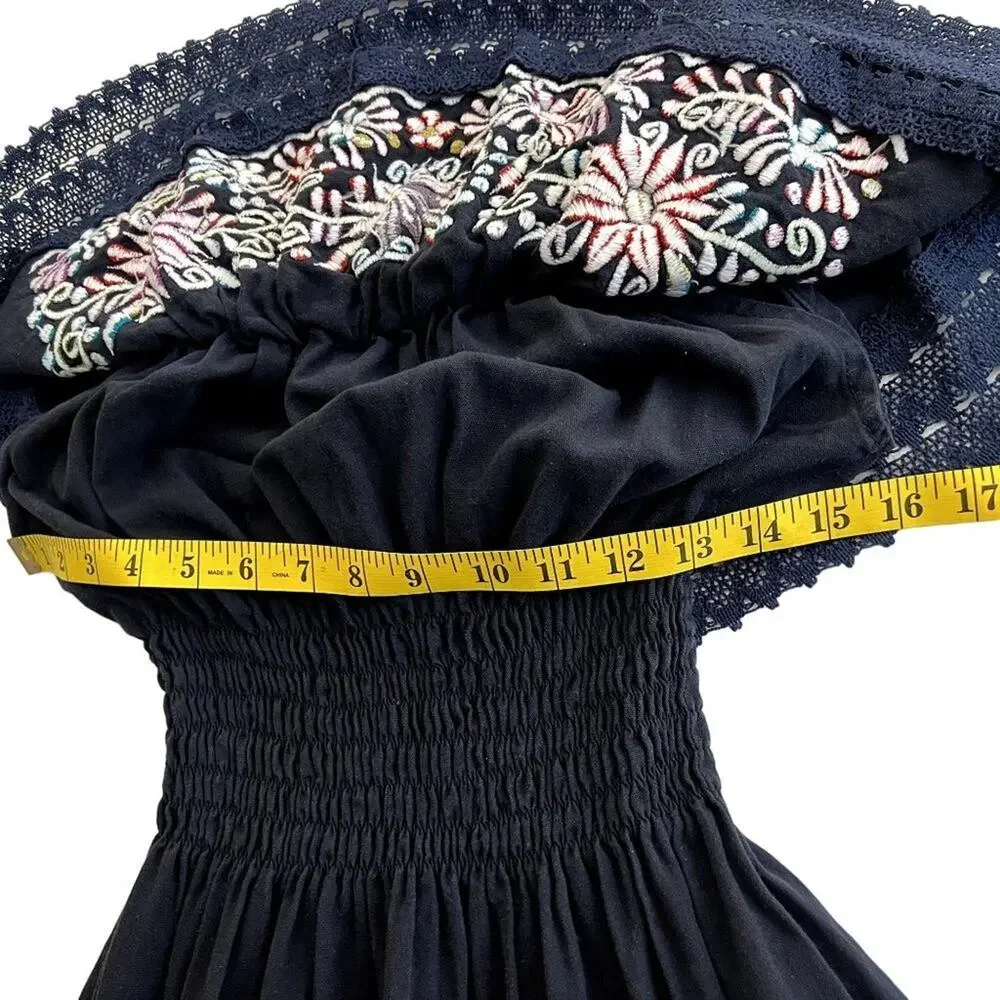 Artisan Mexican Embroidered Campesina Peasant Dress Girls 7-8 Black Boho